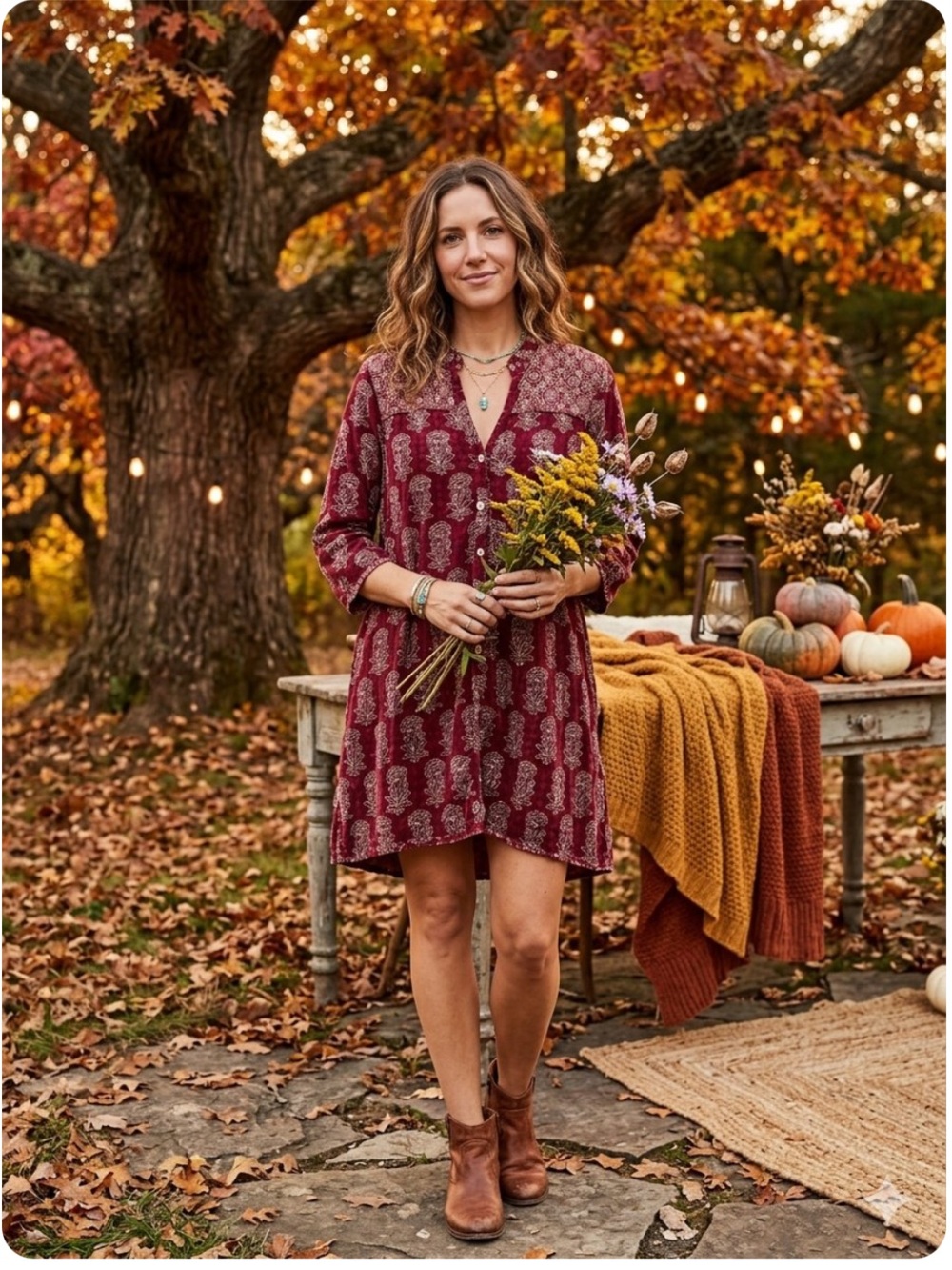 April Cornell Boho Floral Tunic Dress Maroon
Button Front Modest M